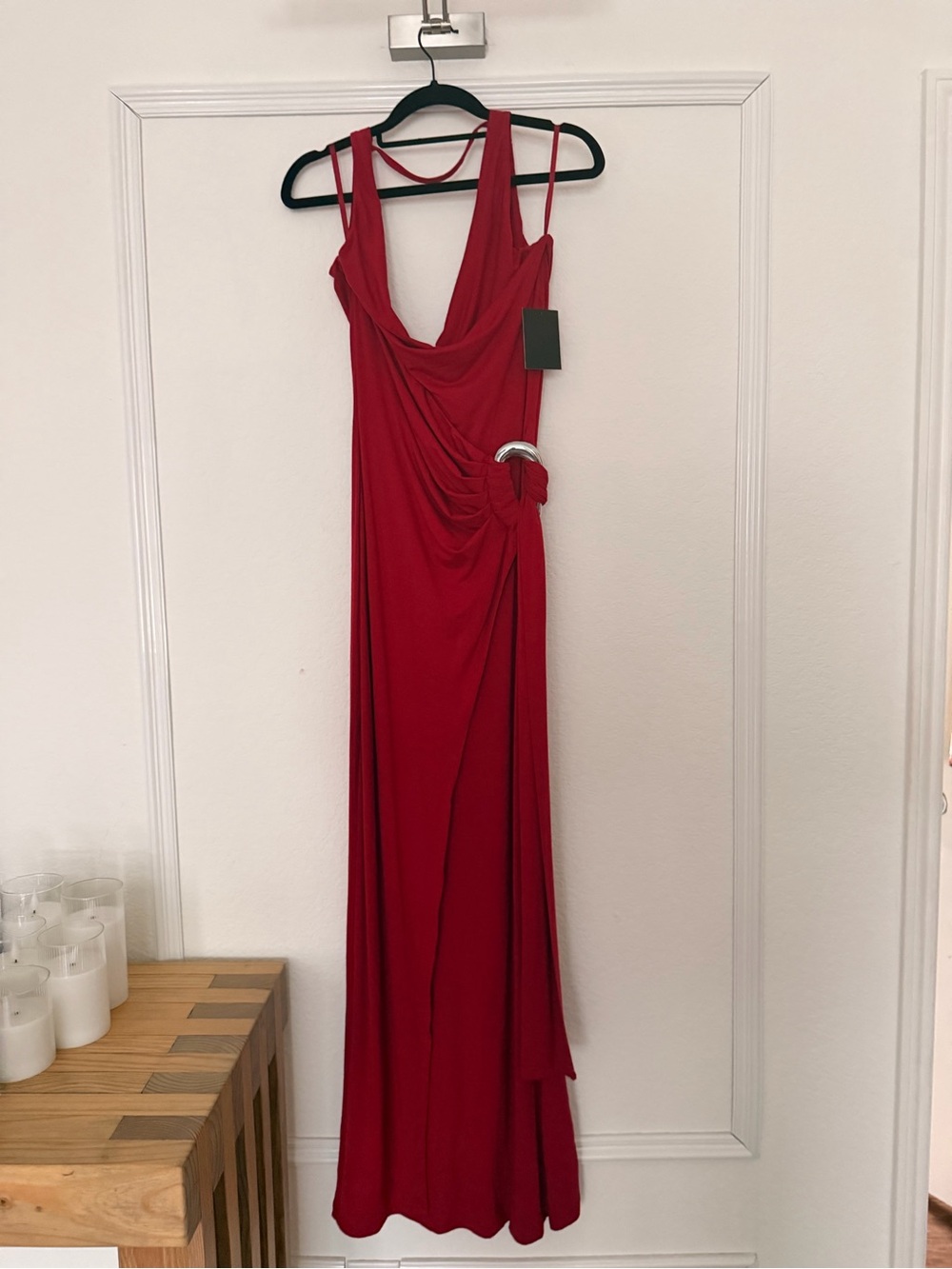 JLUXLABEL Red Draped Maxi Dress with Side Ring